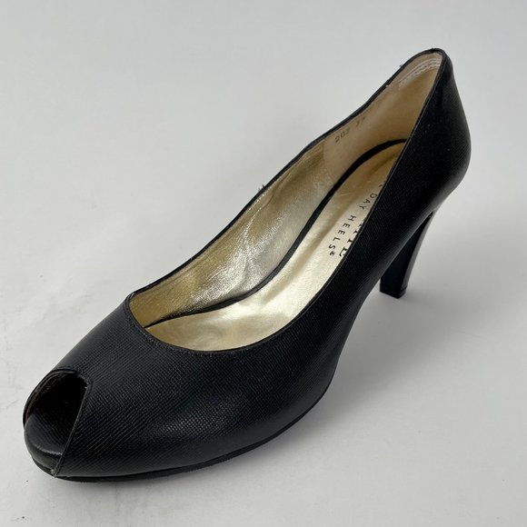 Ron White All Day Heels Black Leather Peeptoe Peep Toe Pumps, Size 39 (8.5) - Picture 3 of 10